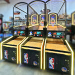 LED NBA Hoops Basketball Arcade game with Golden State Warriors branding from Arcade Party Rental Las Vegas