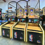 NBA Hoops Arcade Basketball with Golden State Warriors logos and colors for Chase Center in San Francisco from Arcade Party Rental