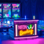 Neo Bowling classic games complete setup with LED bench from Arcade Party Rental